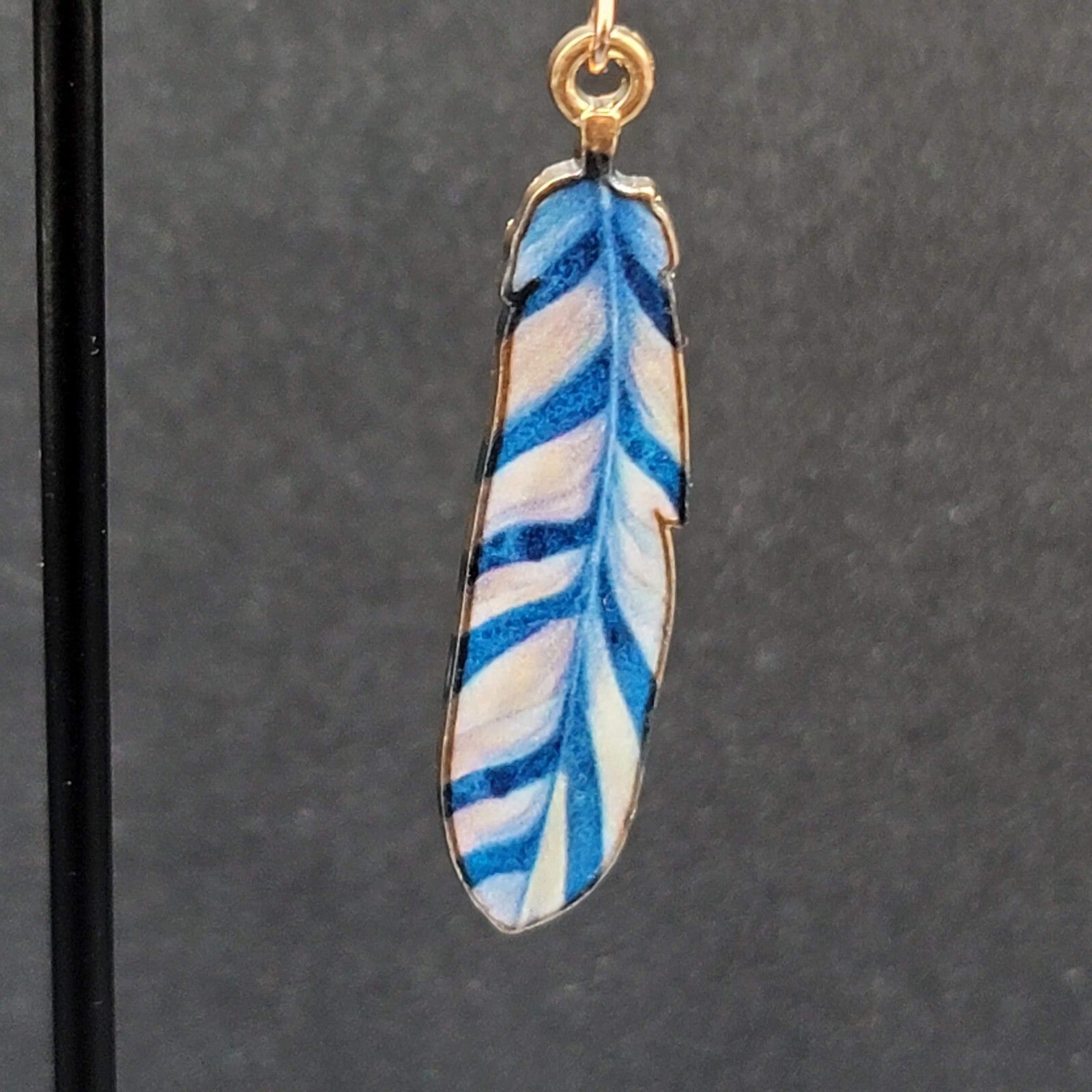 Metal Feather Pierced Earrings Blue White Striped Gold tone Dangle 1.5"
