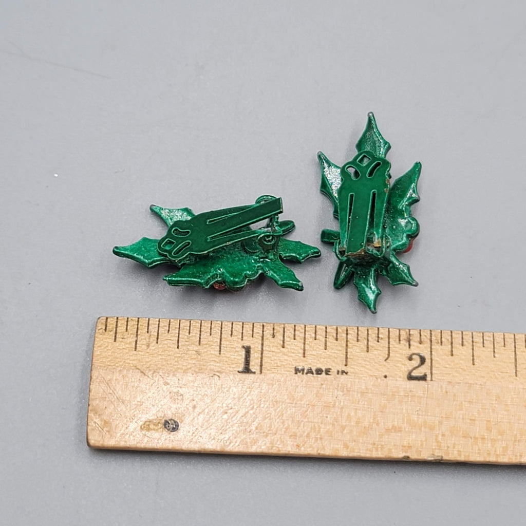 Vintage Enamel Holly Clip on Earrings Christmas Climber 1.25"