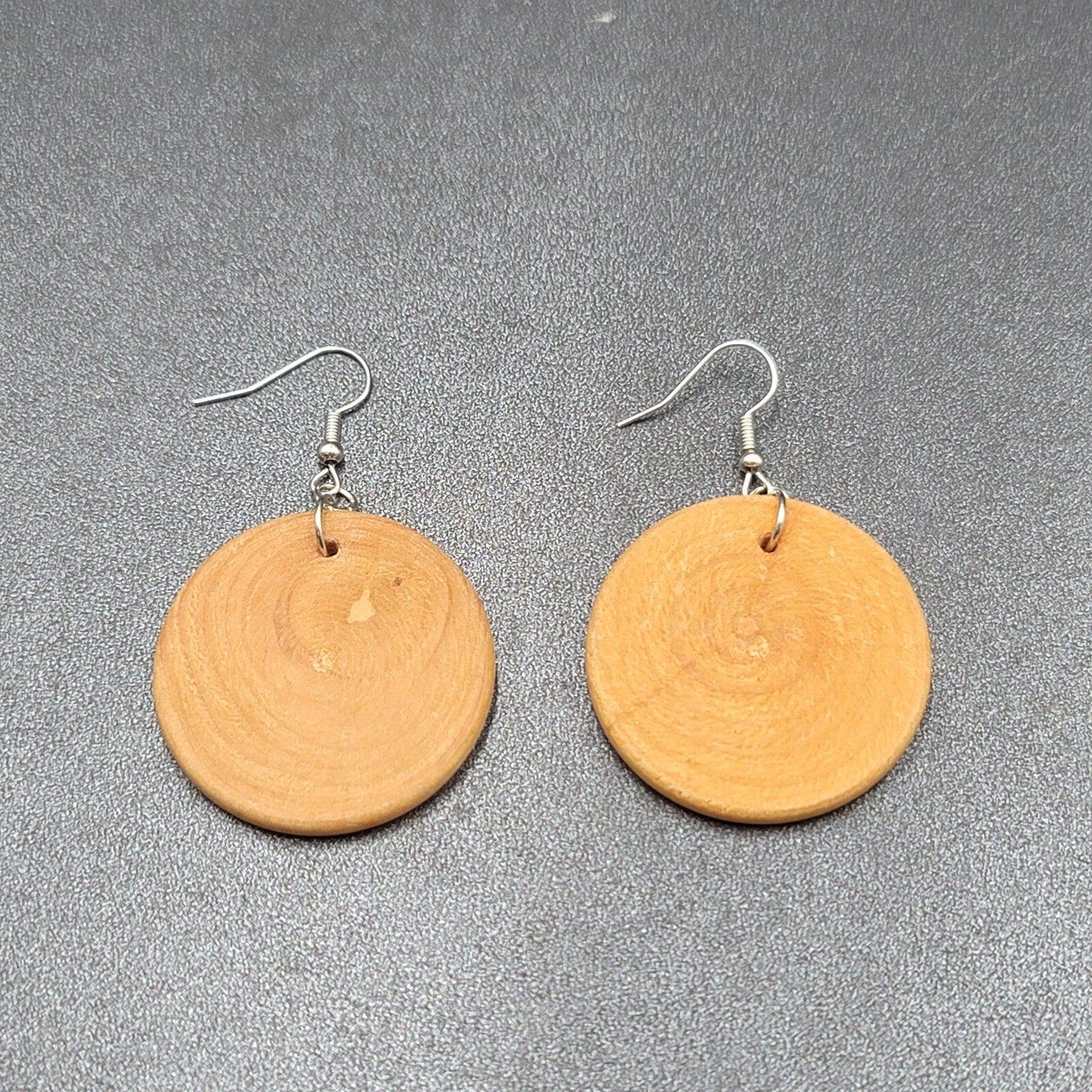 Pierced Earrings Silver tone Real Wood Discs Dangle Boho 1.5"