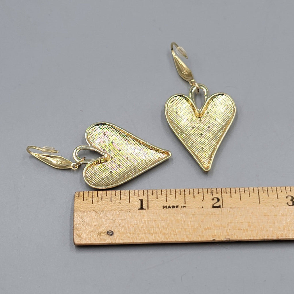 Multicolor Enamel Checkered Heart Pierced Earrings Gold tone Dangle Large 1.5"