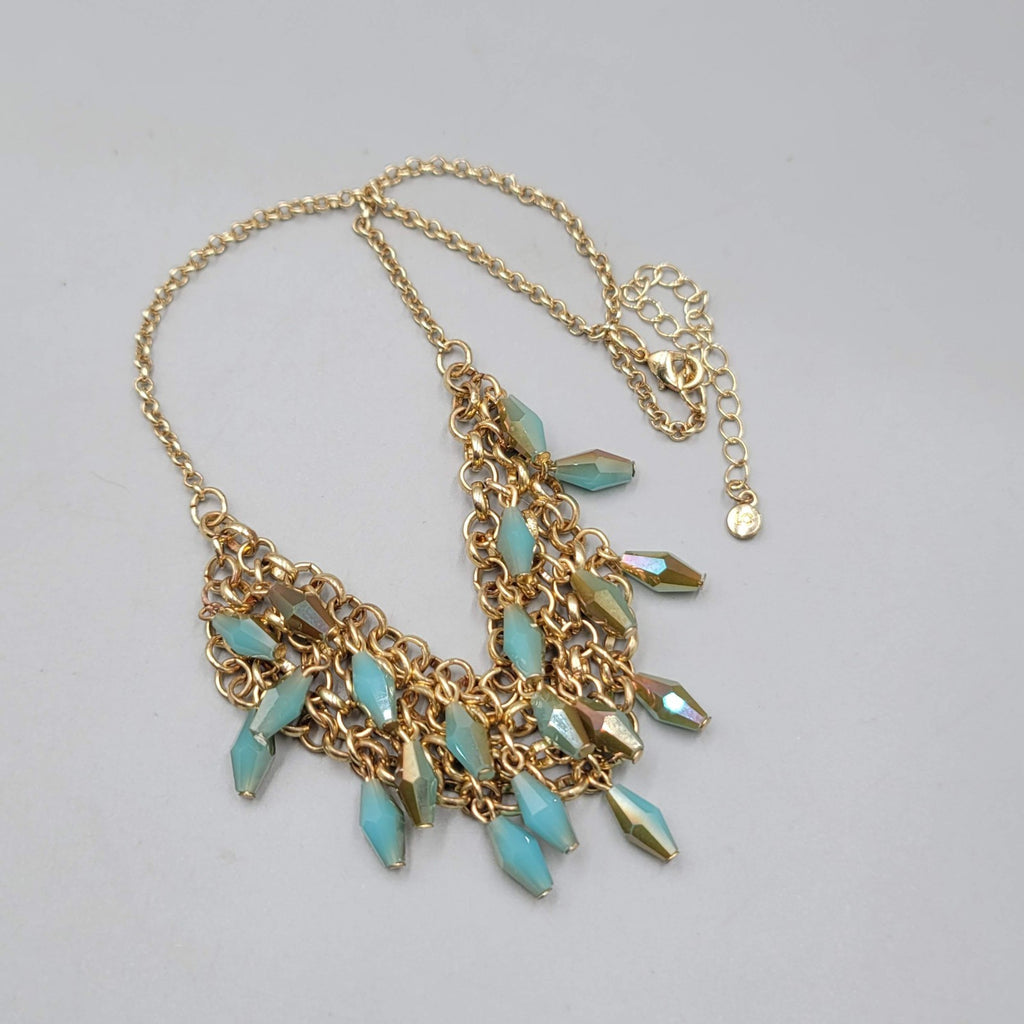 Lauren Conrad Multicolor Blue Brown Iridescent Beads Necklace Gold tone 14"-18"