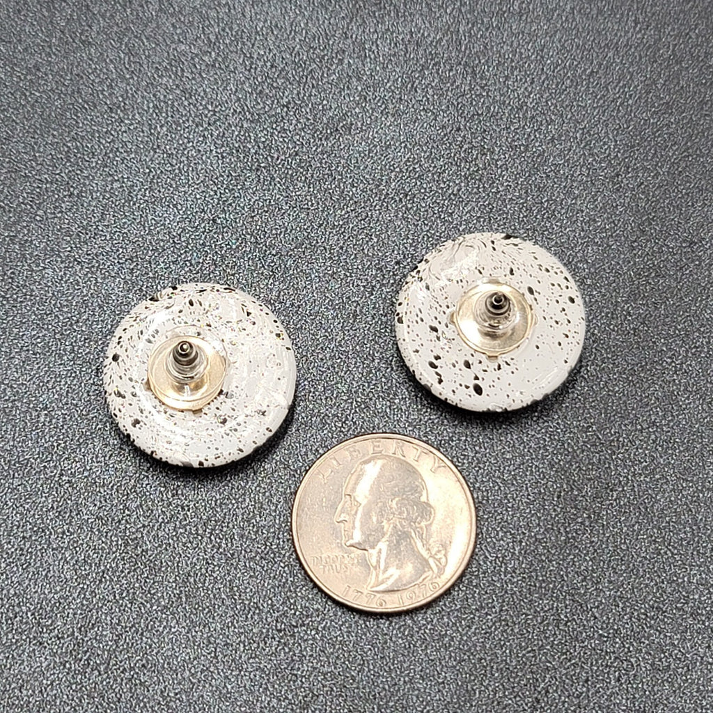 Vintage Pierced Earrings White Round Silver Black Spatter 1"
