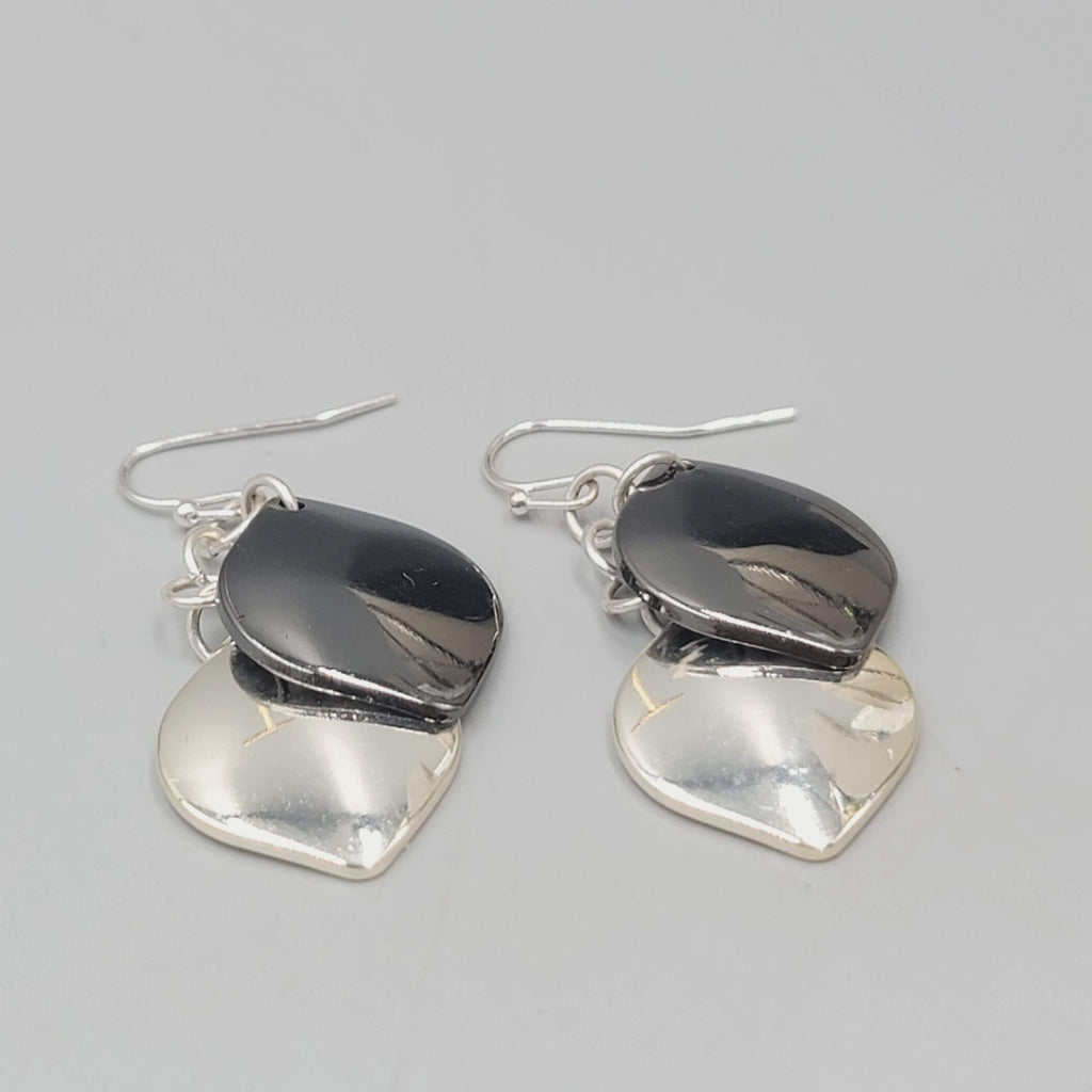 Pierced Earrings Gunmetal and Silver tone Layered Dangle 1.5"
