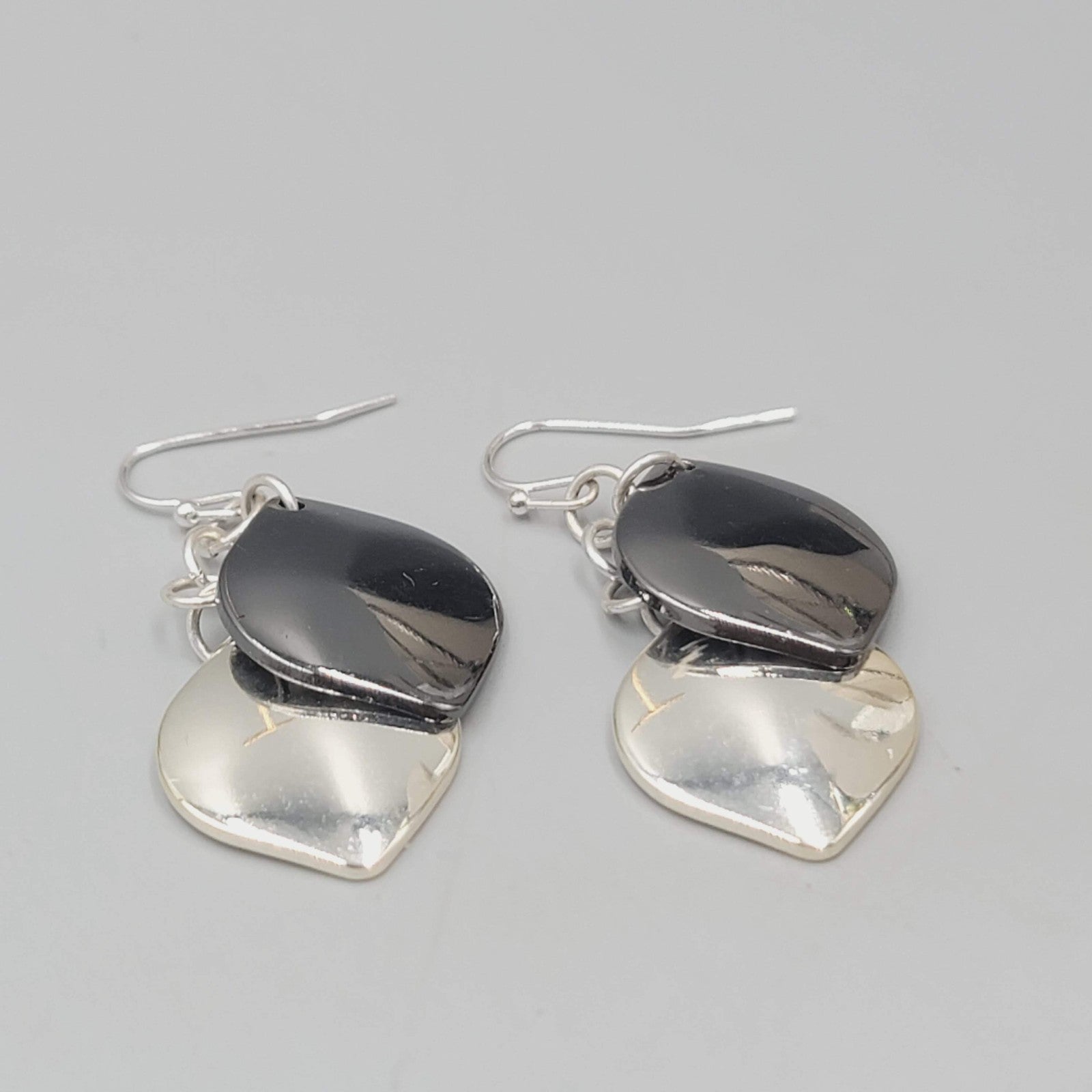 Pierced Earrings Gunmetal and Silver tone Layered Dangle 1.5"
