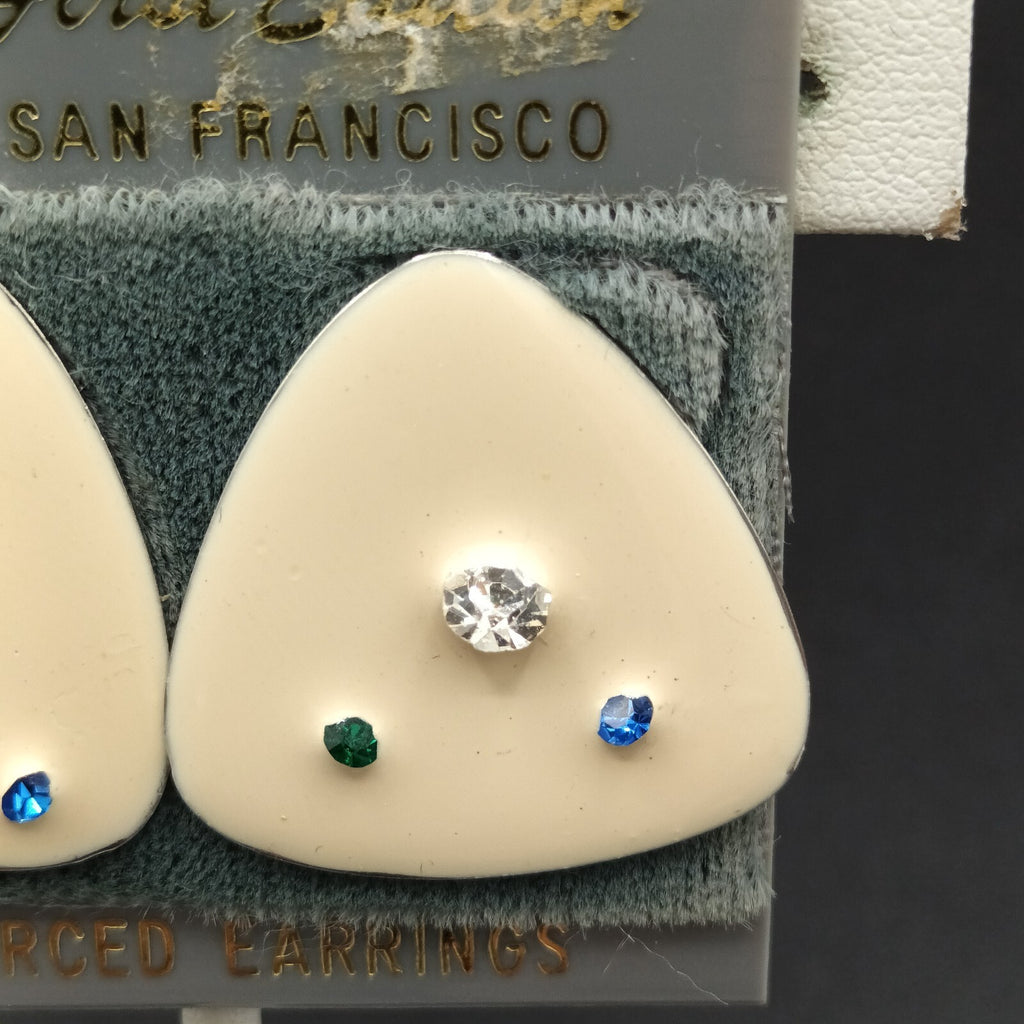 Vintage Pierced Earrings White Enamel Blue Clear Crystal Accent Triangle  1"
