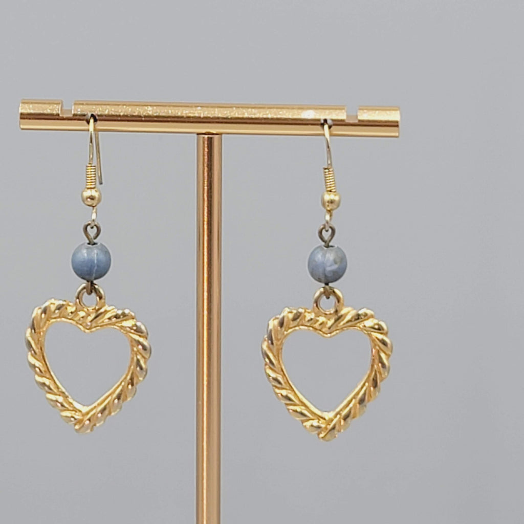 Vintage Heart Pierced Earrings Gold tone Blue Bead Dangle 1.5"