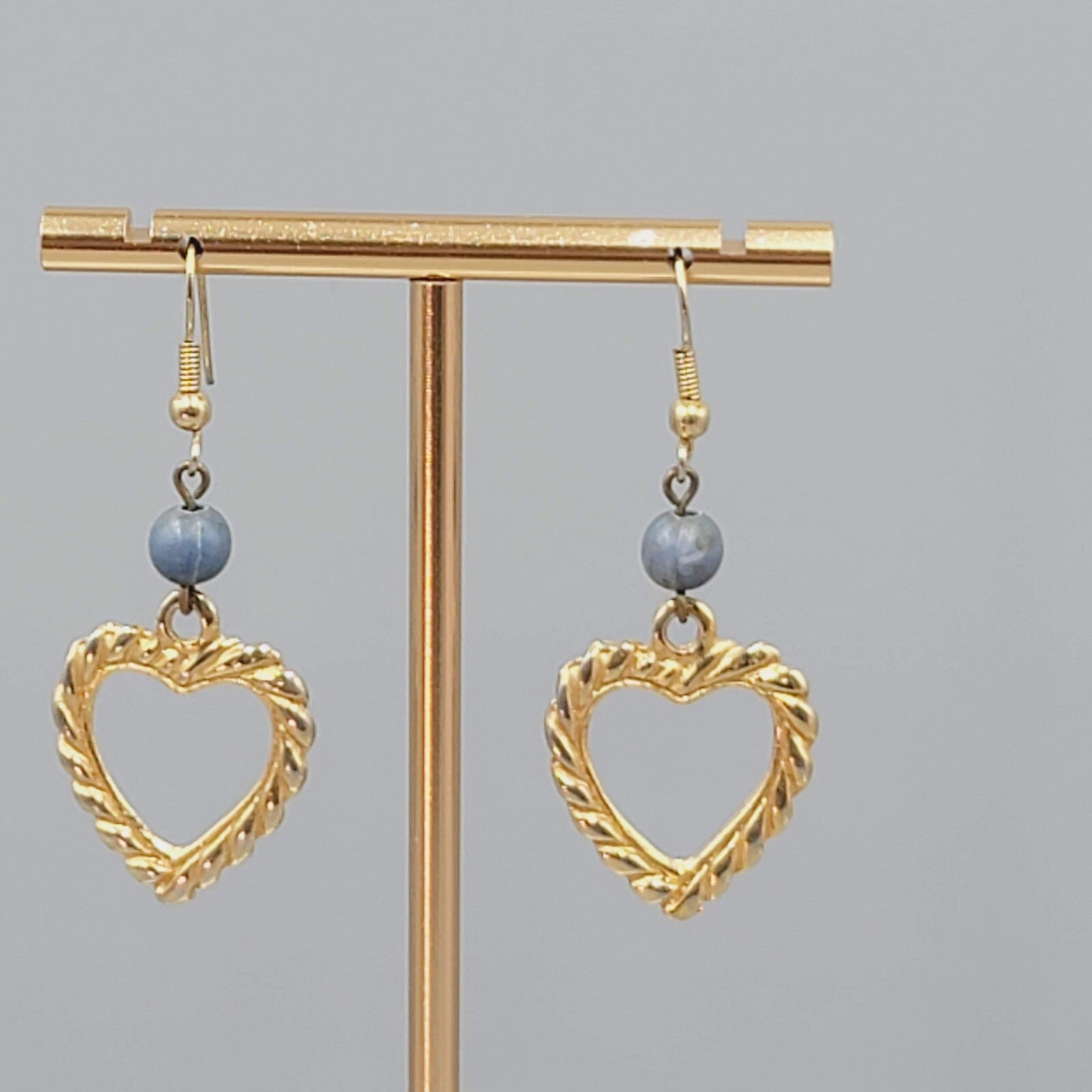 Vintage Heart Pierced Earrings Gold tone Blue Bead Dangle 1.5"