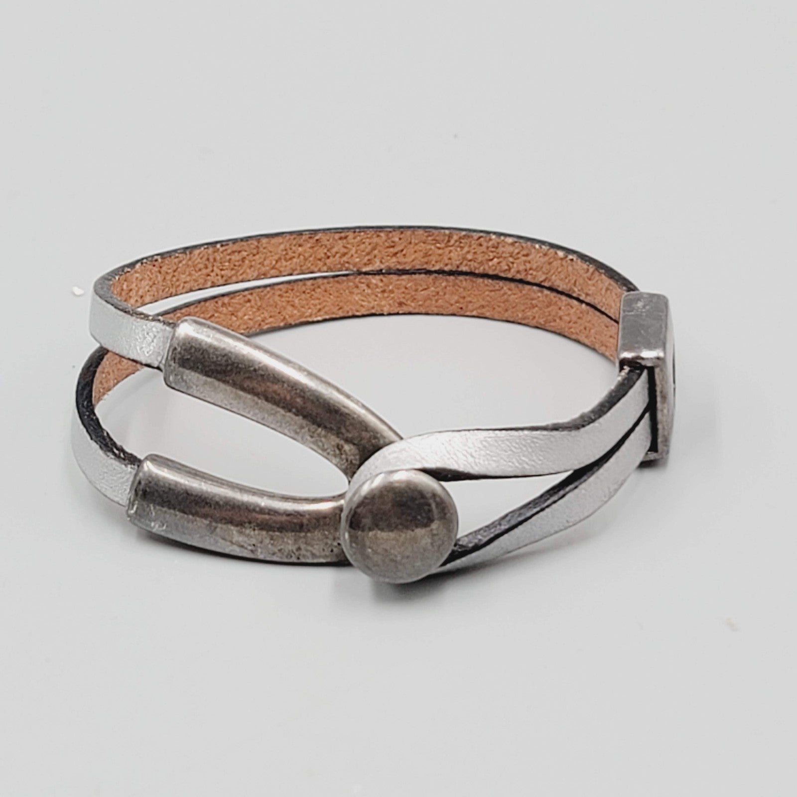 Gray Leather Button Bracelet Small Modernist Style 6 in