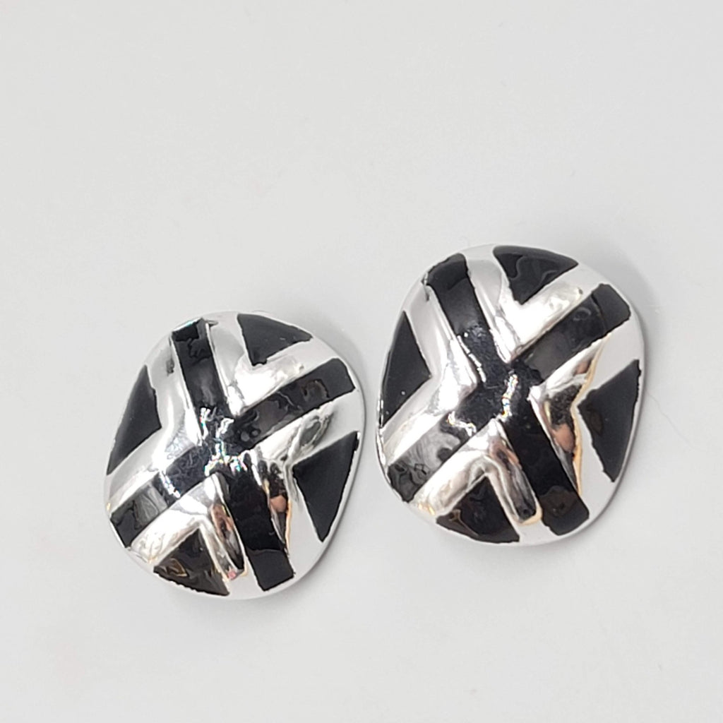 Vintage Large Statement Clip on Earrings Silver Plated Black Enamel Drop 1 1/8"