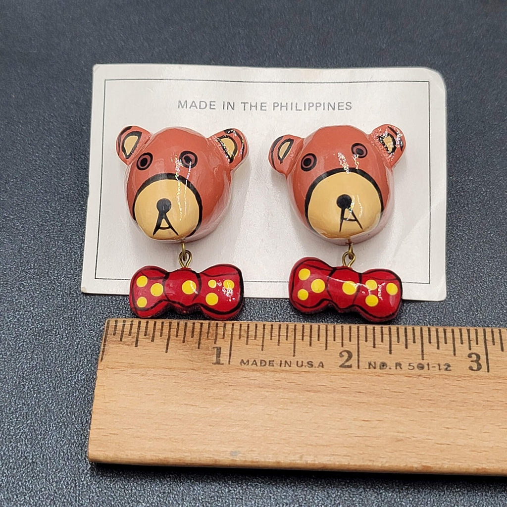 Vintage Pierced Earrings Painted Wood Bowtie Dog Dangle 1.5" NOS