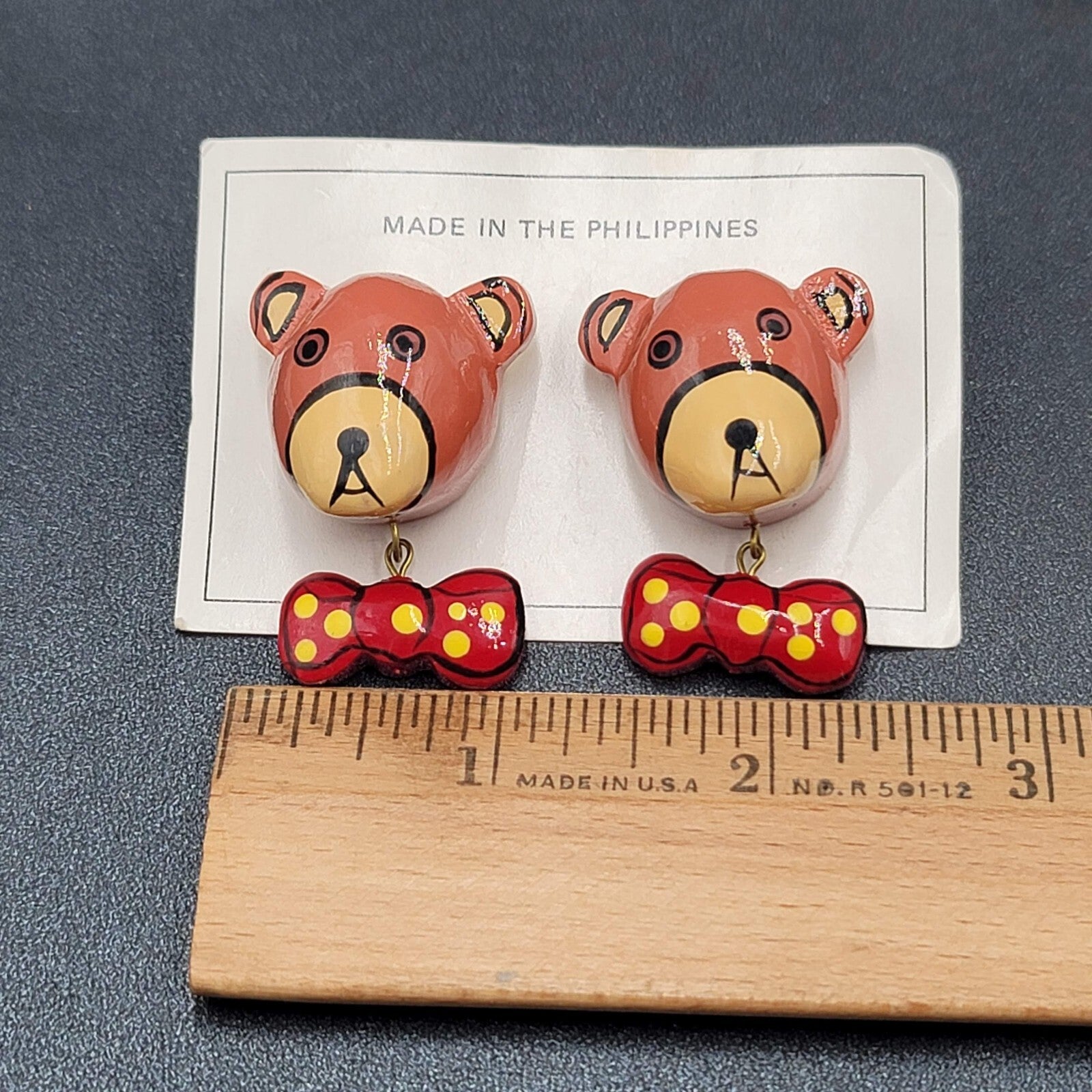 Vintage Pierced Earrings Painted Wood Bowtie Dog Dangle 1.5" NOS