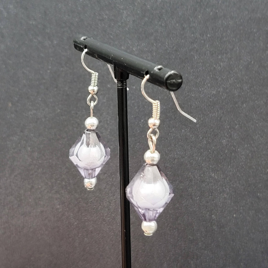 Pierced Earrings Silver tone Black White Art Bead Dangle 1"