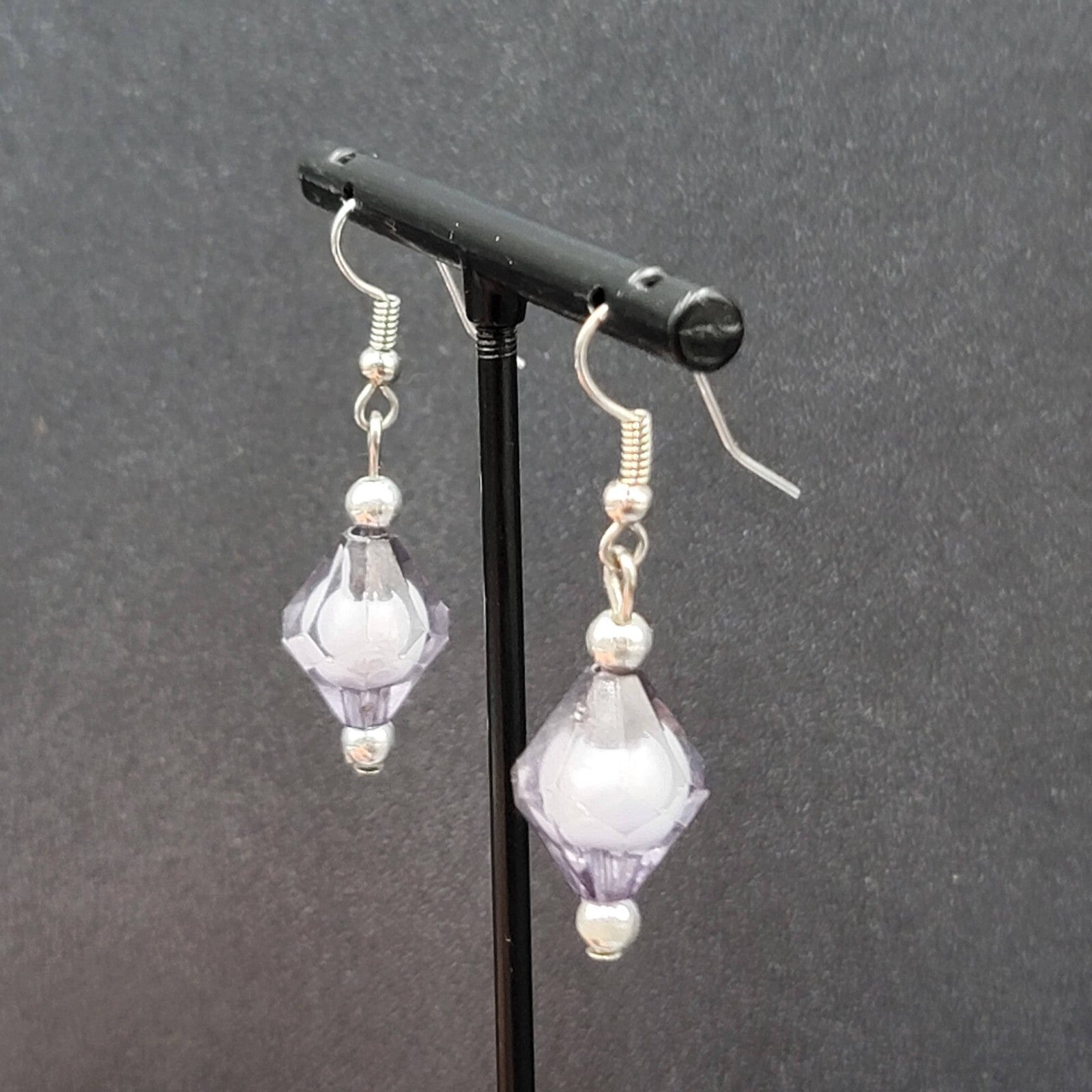 Pierced Earrings Silver tone Black White Art Bead Dangle 1"