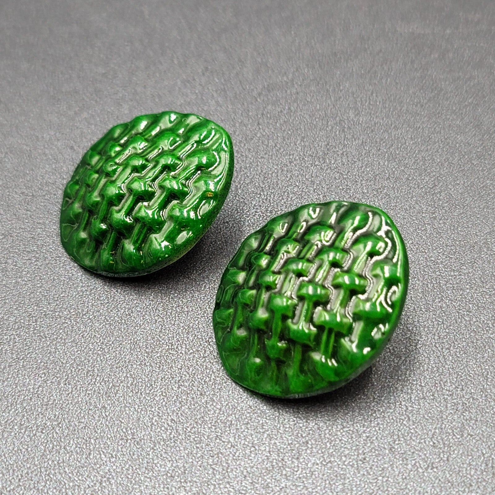 Vintage Pierced Earrings Dark Green Weave Pattern  1.5"