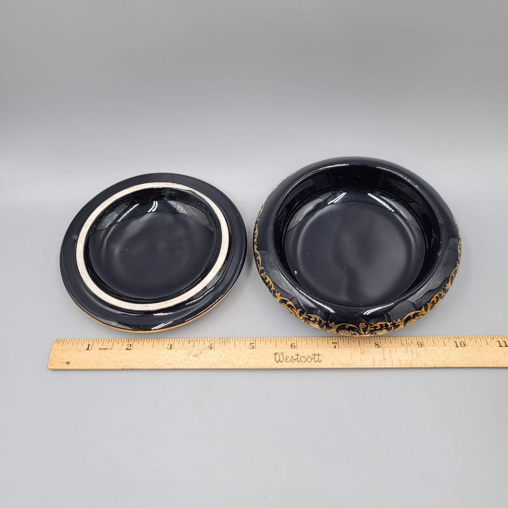 Fintias Greek Ceramic Lidded Trinket Jewelry Box Artemis Black 24K Gold Handmade