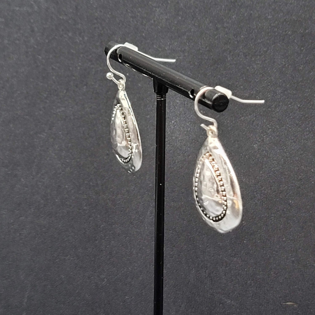 Pierced Earrings Silver Plated Hammered Metal Teardrop Dangle 1"