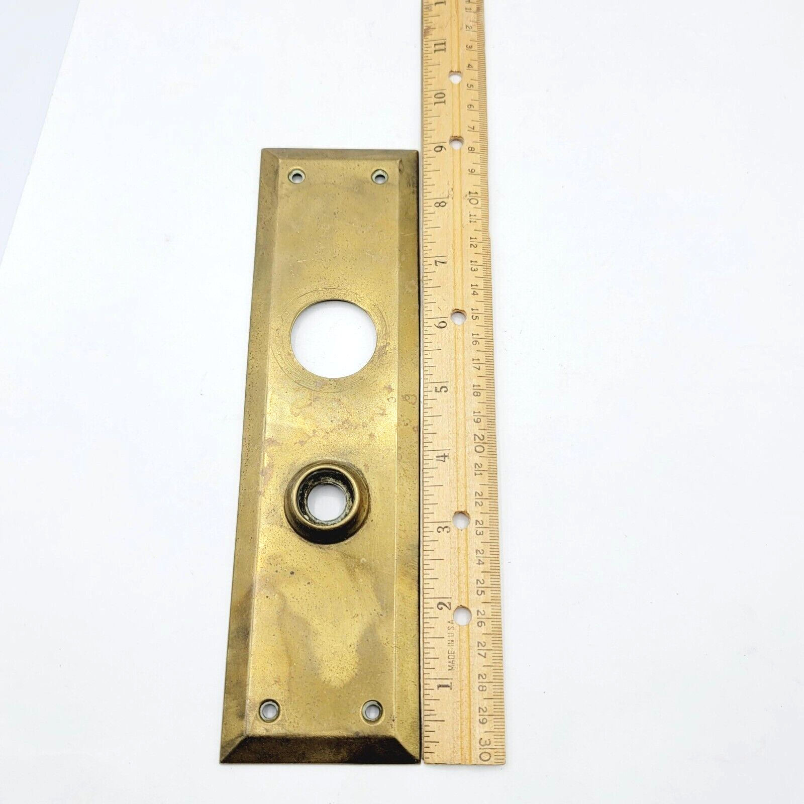 Vintage Brass Doorknob Back Plate Dead Bolt Salvage 9" x 2 1/2" holes 2 1/2"