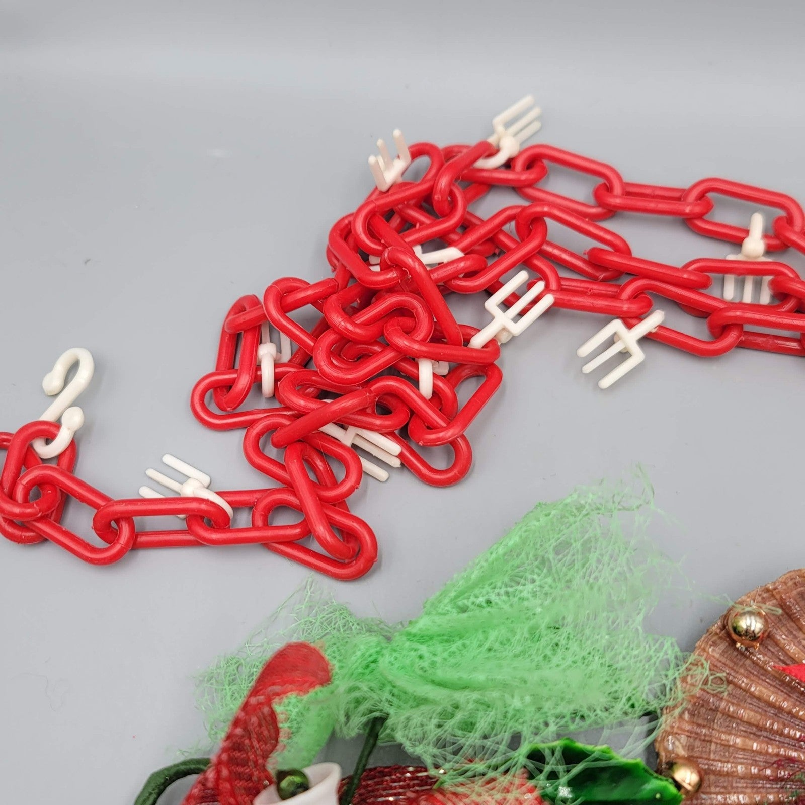 Vintage Christmas Ornaments Lot Red Plastic Chain Snowman Shell Angel