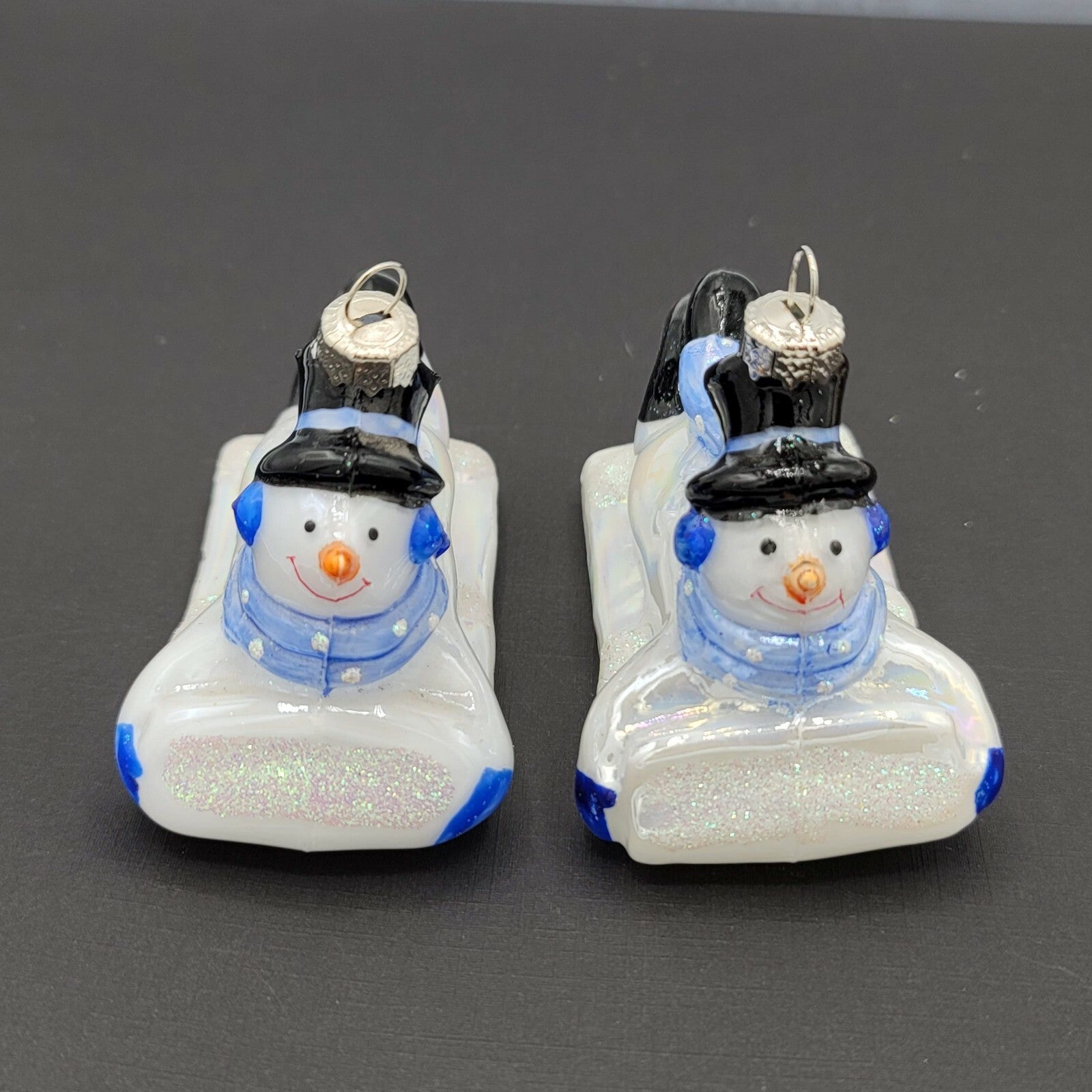 Snowman Christmas Ornament Glass Sledding Colorful Glitter Lot of 2