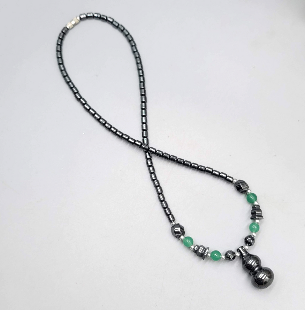 Hematite Bead Necklace Green Jade Lantern Pendant 18"