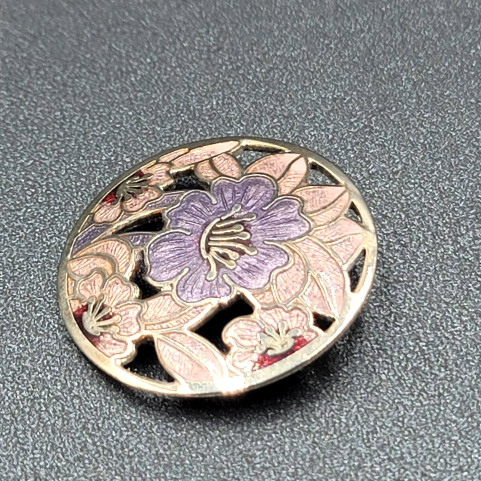Vintage Cloisonne Brooch Silver tone Round Enamel Iris Flower 1.25"