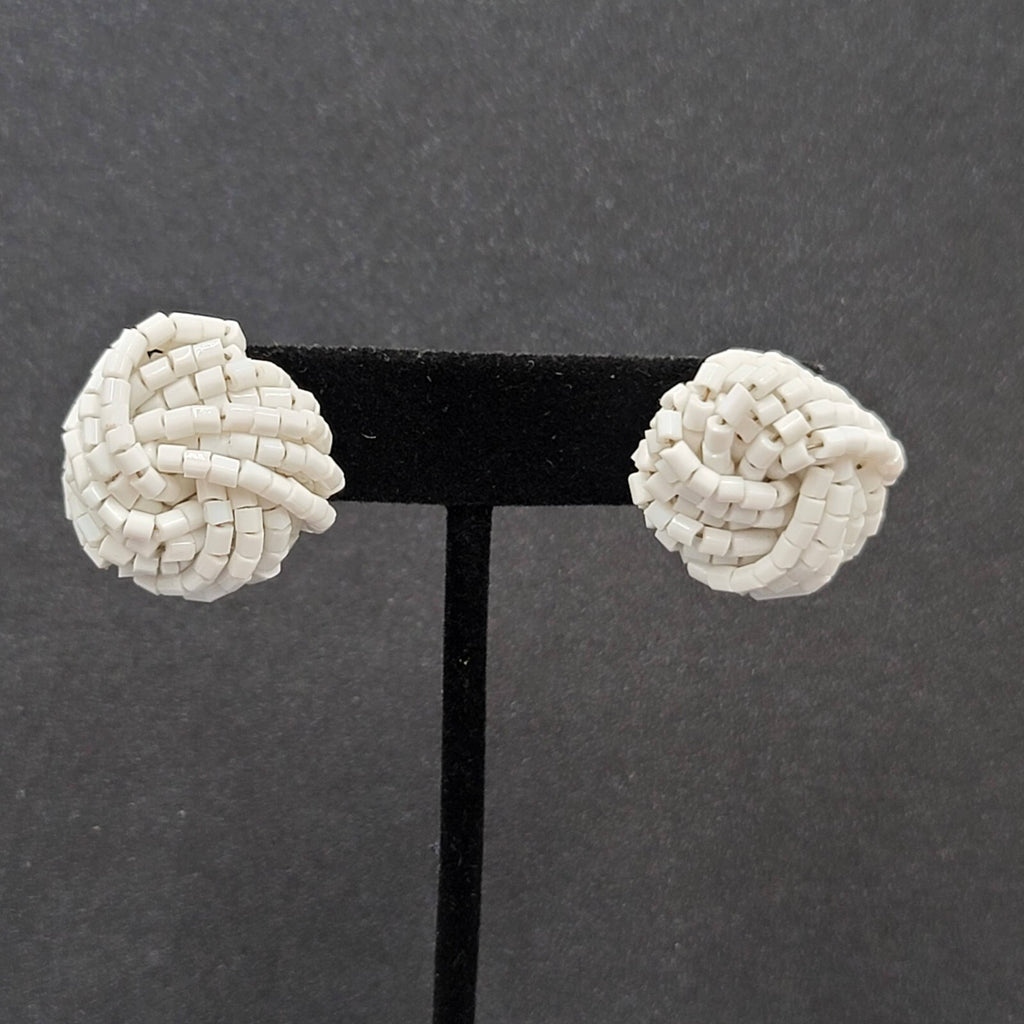 Vintage Pierced Earrings White Seed Beads Knot Estate Jewelry 1"