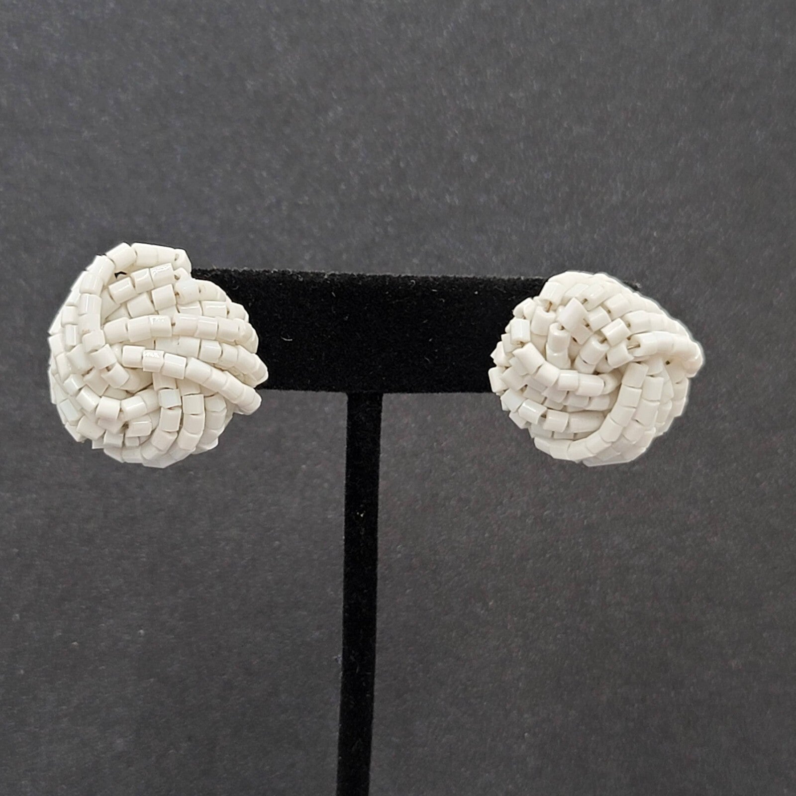 Vintage Pierced Earrings White Seed Beads Knot Estate Jewelry 1"