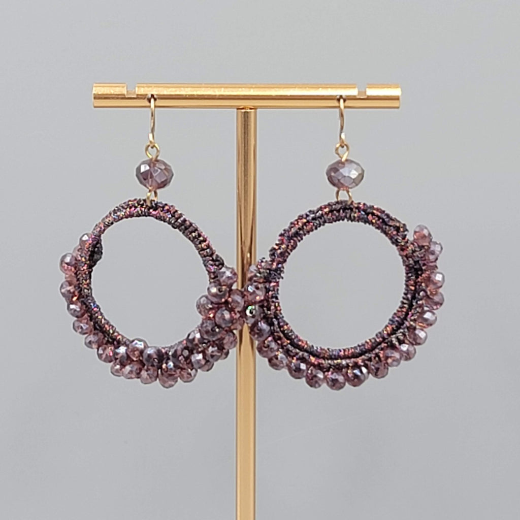 Purple Crystal Bead Pierced Earrings Thread Covered Open Hoop 1.75"