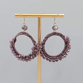 Purple Crystal Bead Pierced Earrings Thread Covered Open Hoop 1.75"