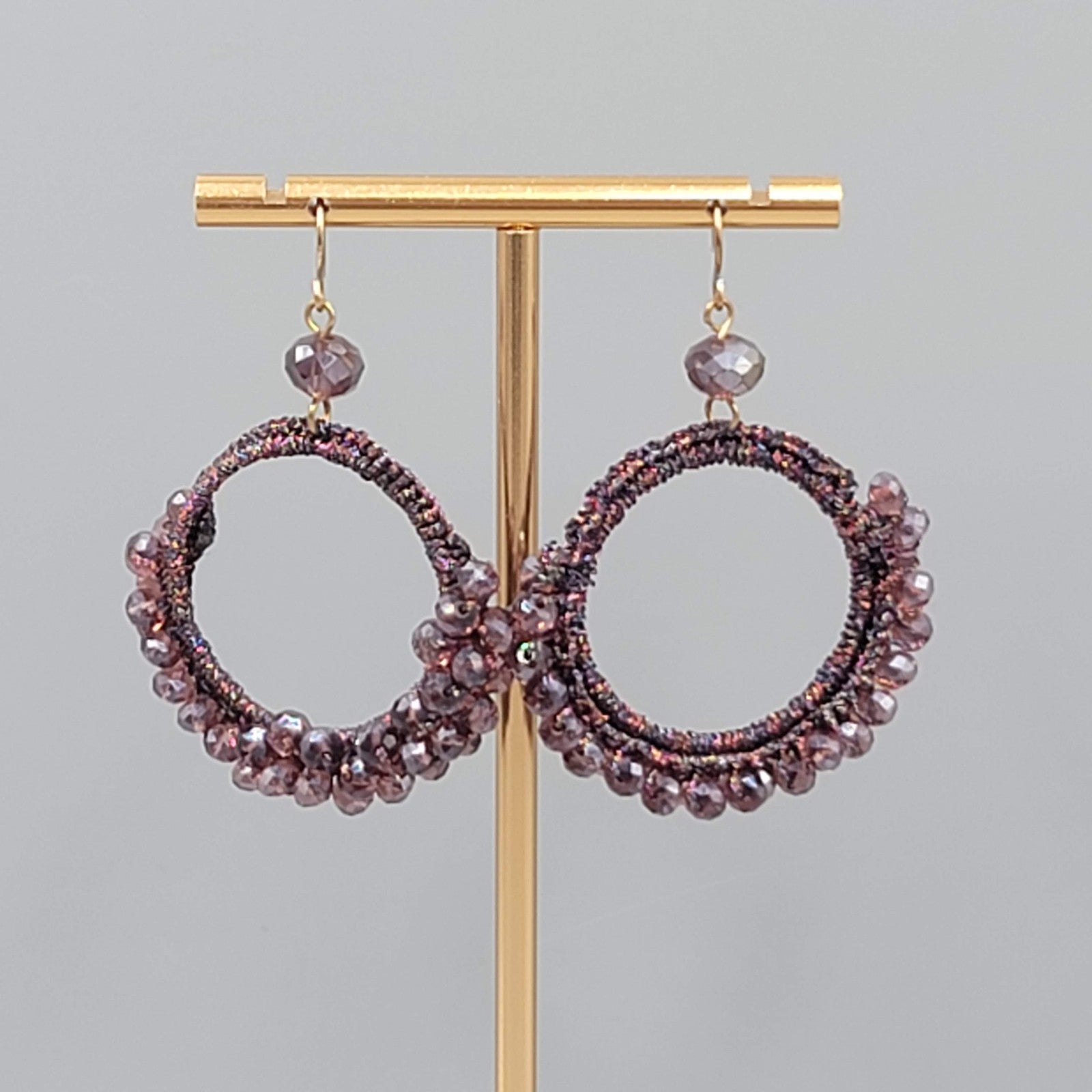 Purple Crystal Bead Pierced Earrings Thread Covered Open Hoop 1.75"