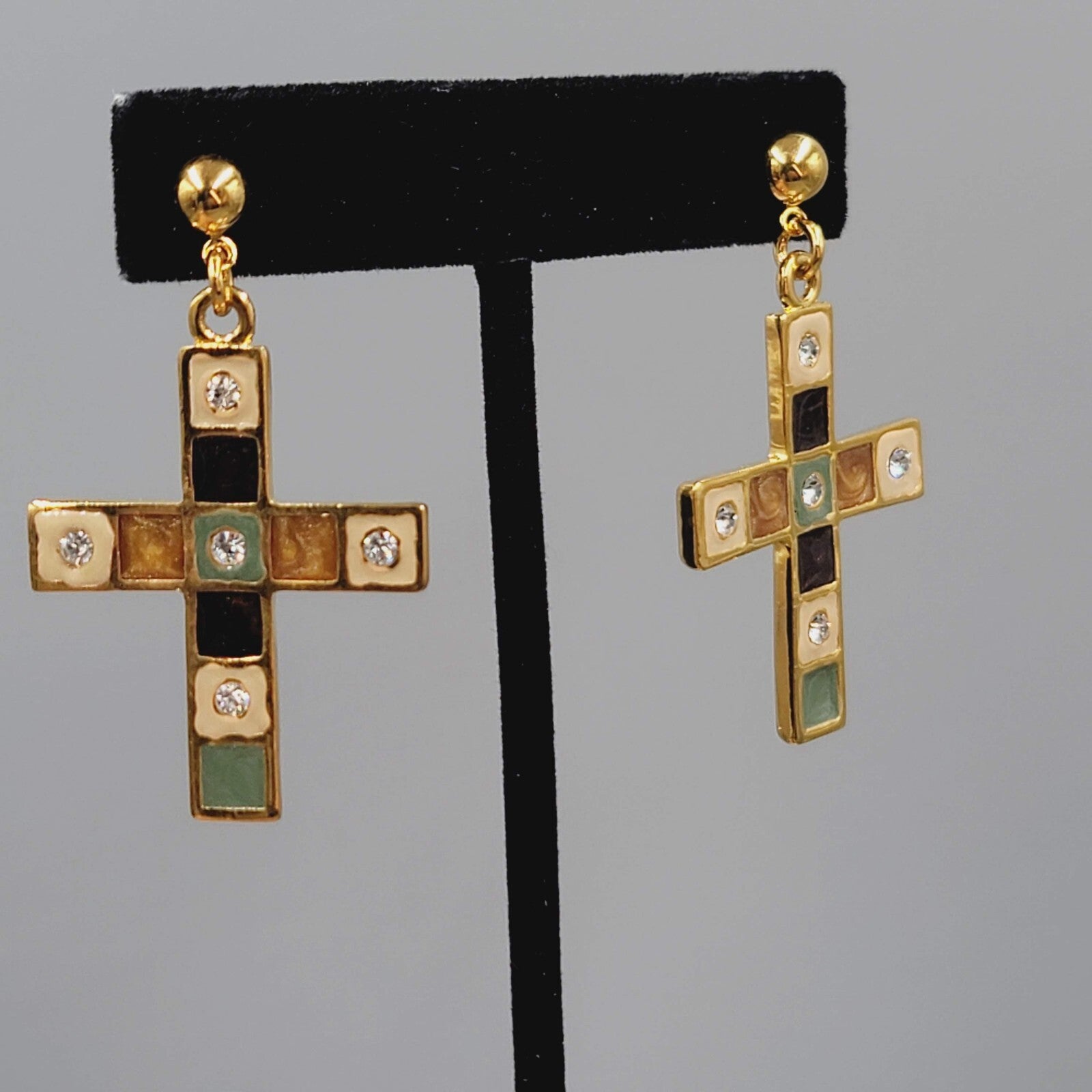 Cross Pierced Earrings Gold Plated Enamel Rhinestone Crystal Dangle 1.75"