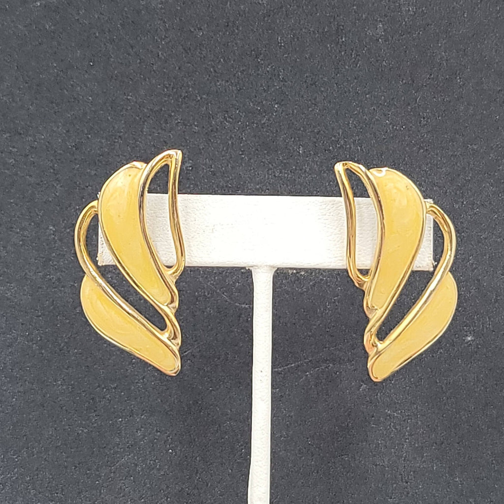 Vintage Pierced Earrings Gold tone Swirl Yellow Enamel Drop Statement 1.75"