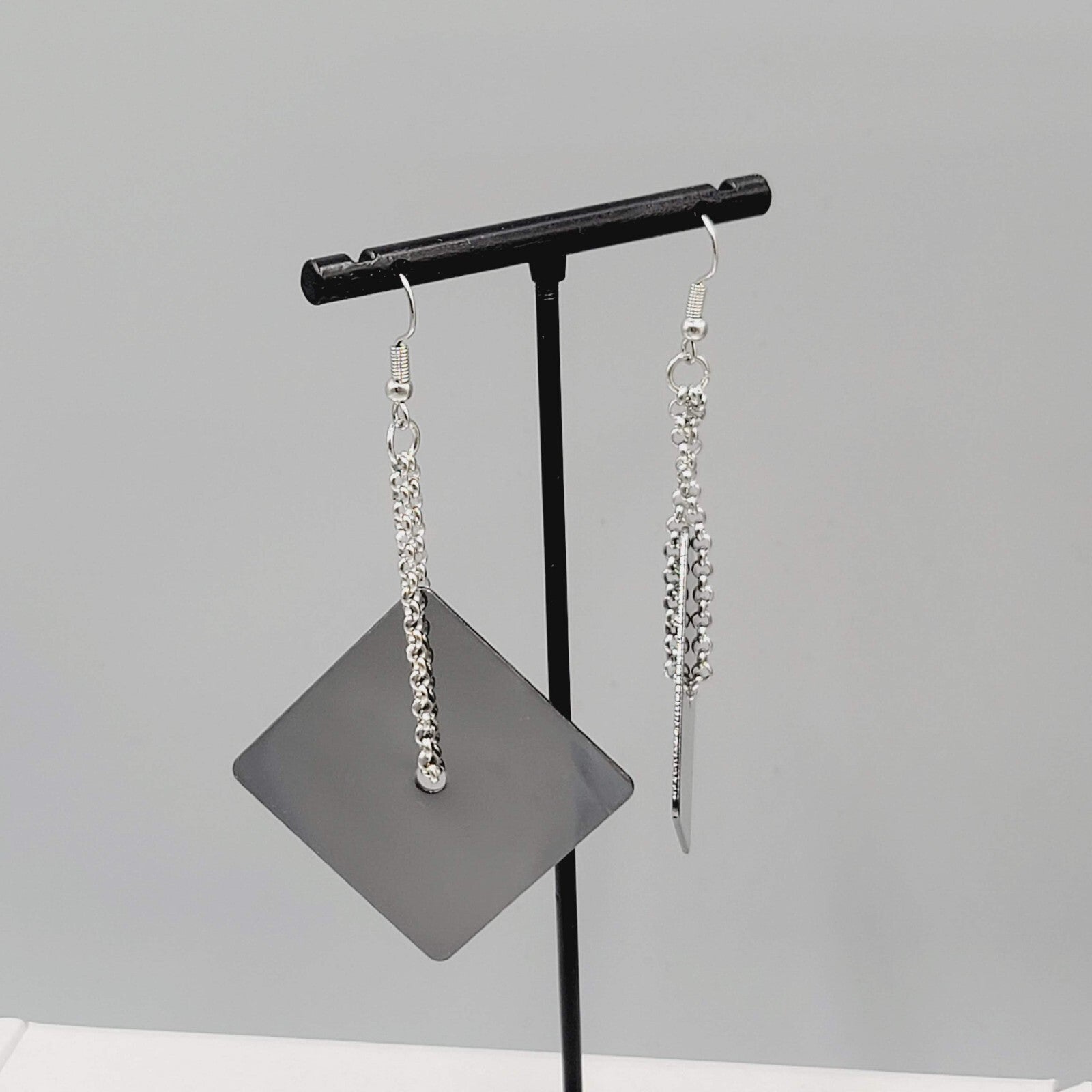 Pierced Earrings Silver tone Chain Black Metal Square Dangle Unique 2.5"