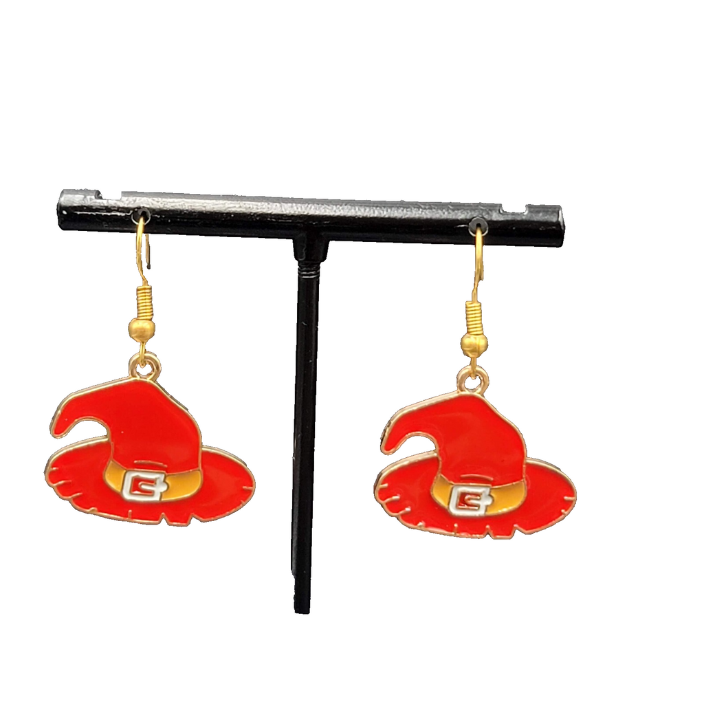Halloween Pierced Earrings Red Witches Hat Enamel Gold tone Enamel Dangle 7/8