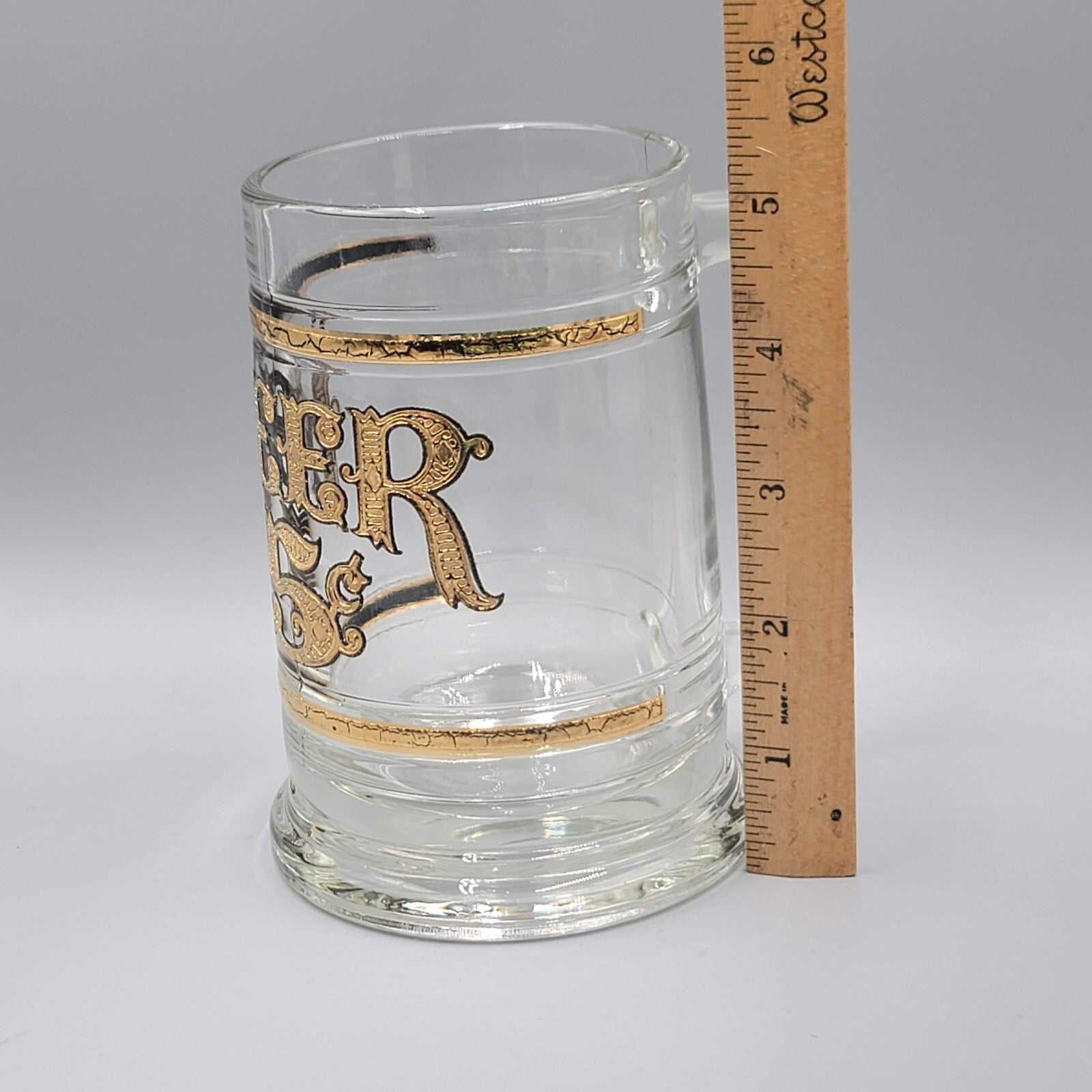 Vintage Glass Beer Mug Five Cent Gold Trim Tavern Barware