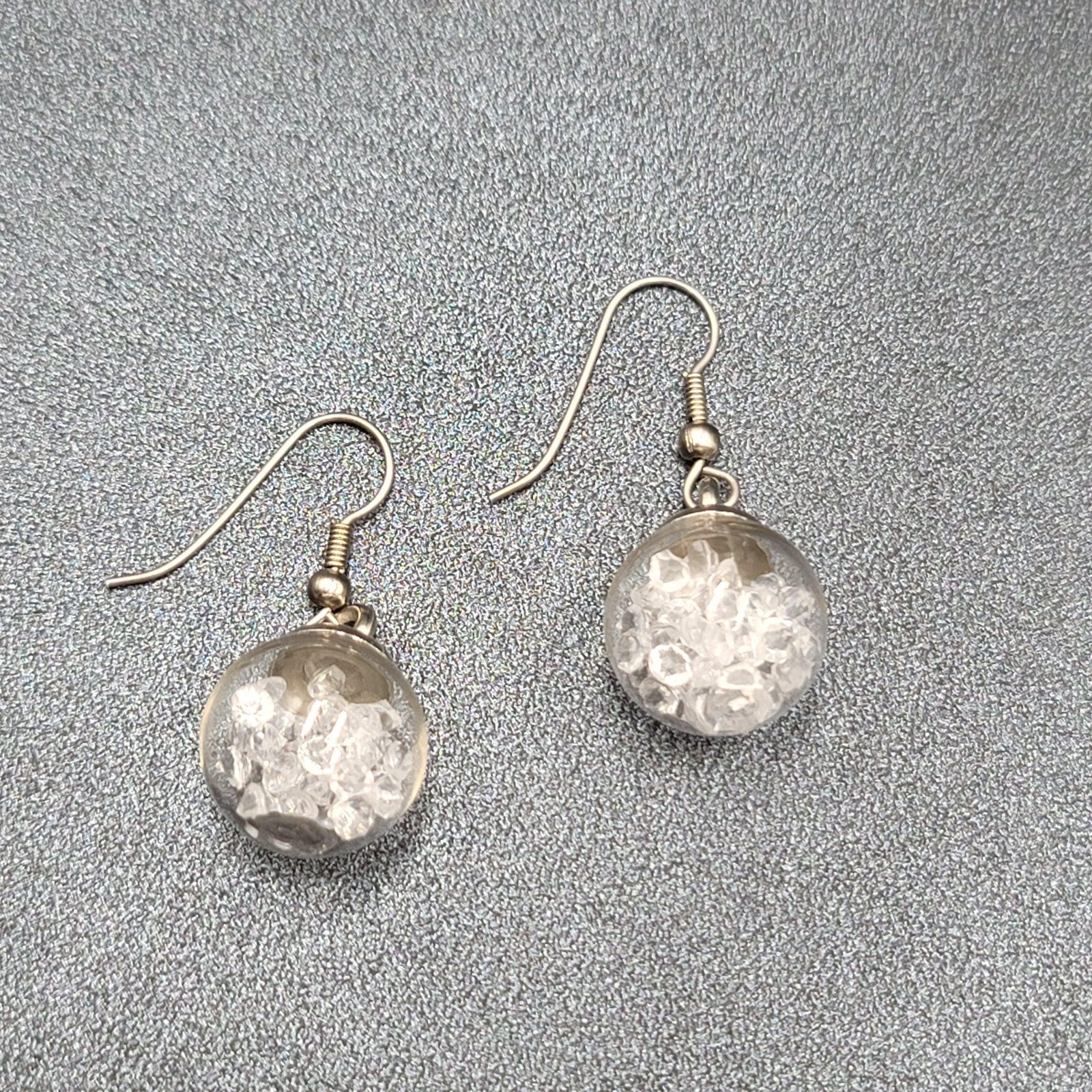 Pierced Earrings Silver tone Loose Clear Rhinestones Filled Sphere Dangle 3/4"