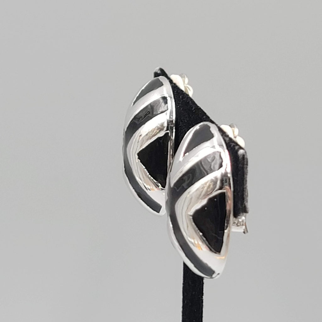Vintage Large Statement Clip on Earrings Silver Plated Black Enamel Drop 1 1/8"