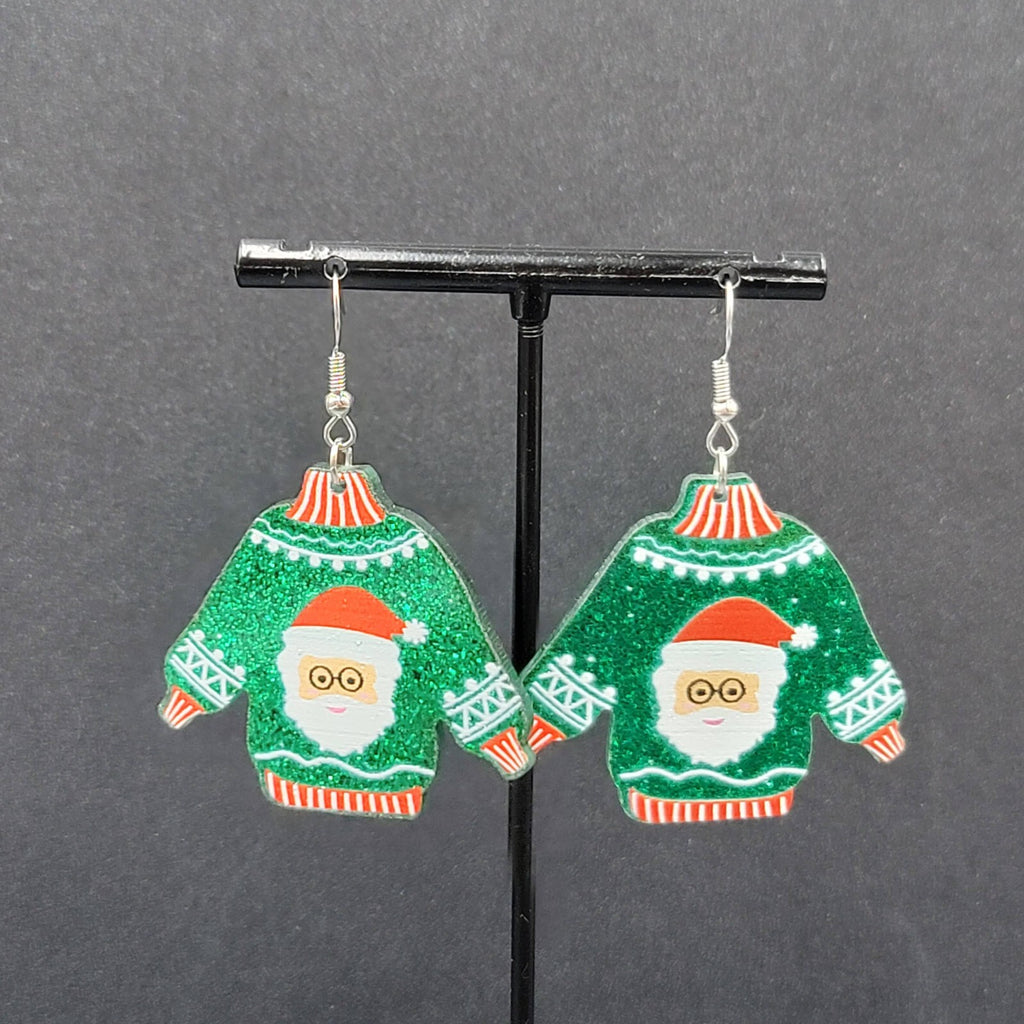 New Pierced Earrings Ugly Christmas Sweater Green Santa Claus Dangle 1.5"