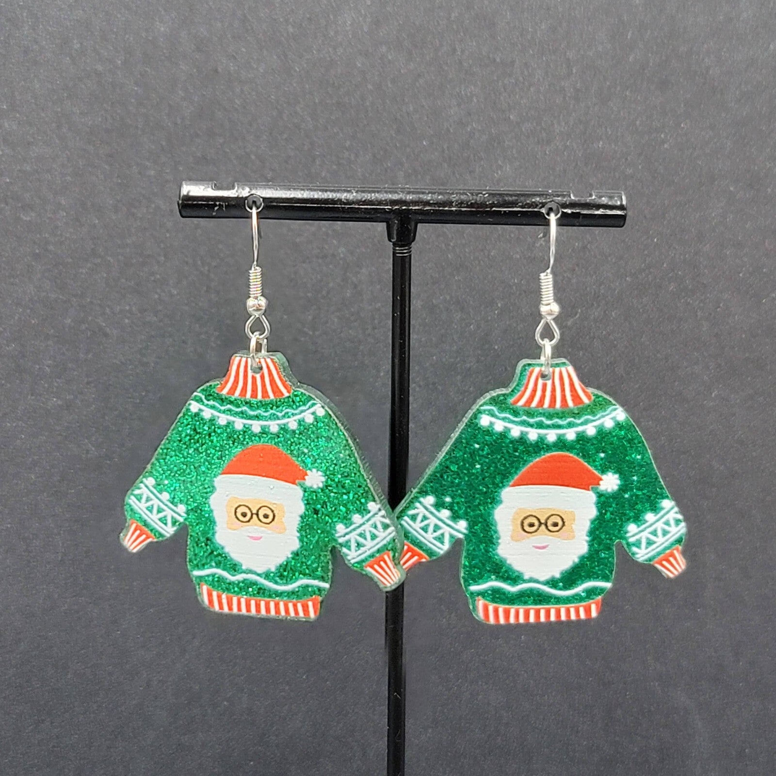 New Pierced Earrings Ugly Christmas Sweater Green Santa Claus Dangle 1.5"