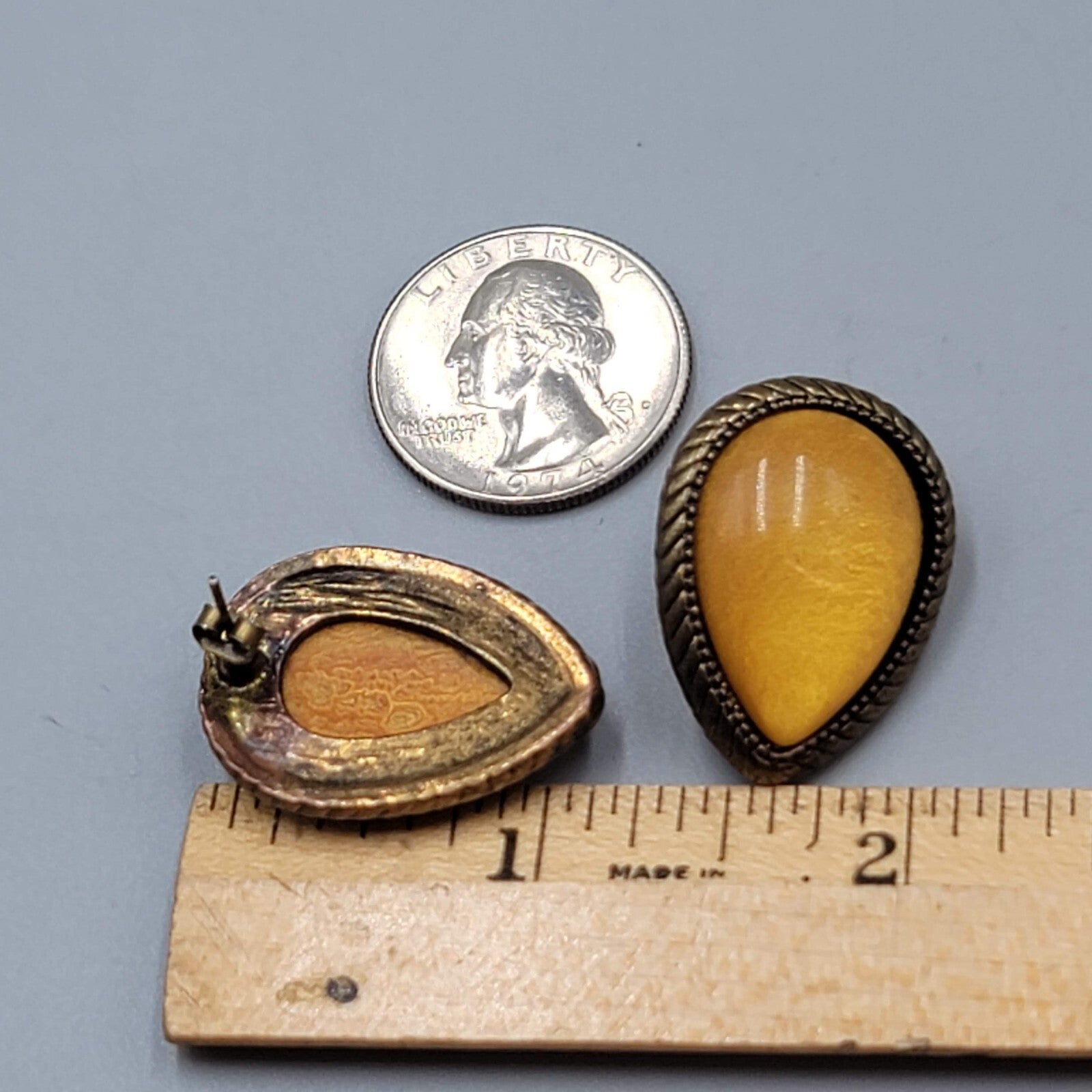 Reverse Teardrop Pierced Earrings Bronze tone Yellow Dome Drop 1"