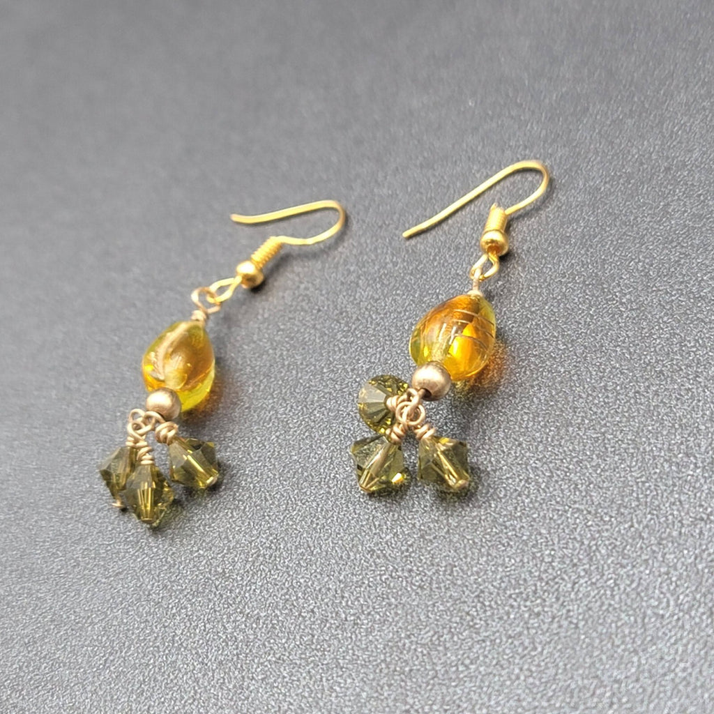 Pierced Earrings Gold tone Art Glass and Green Crystal Beads 1.25"
