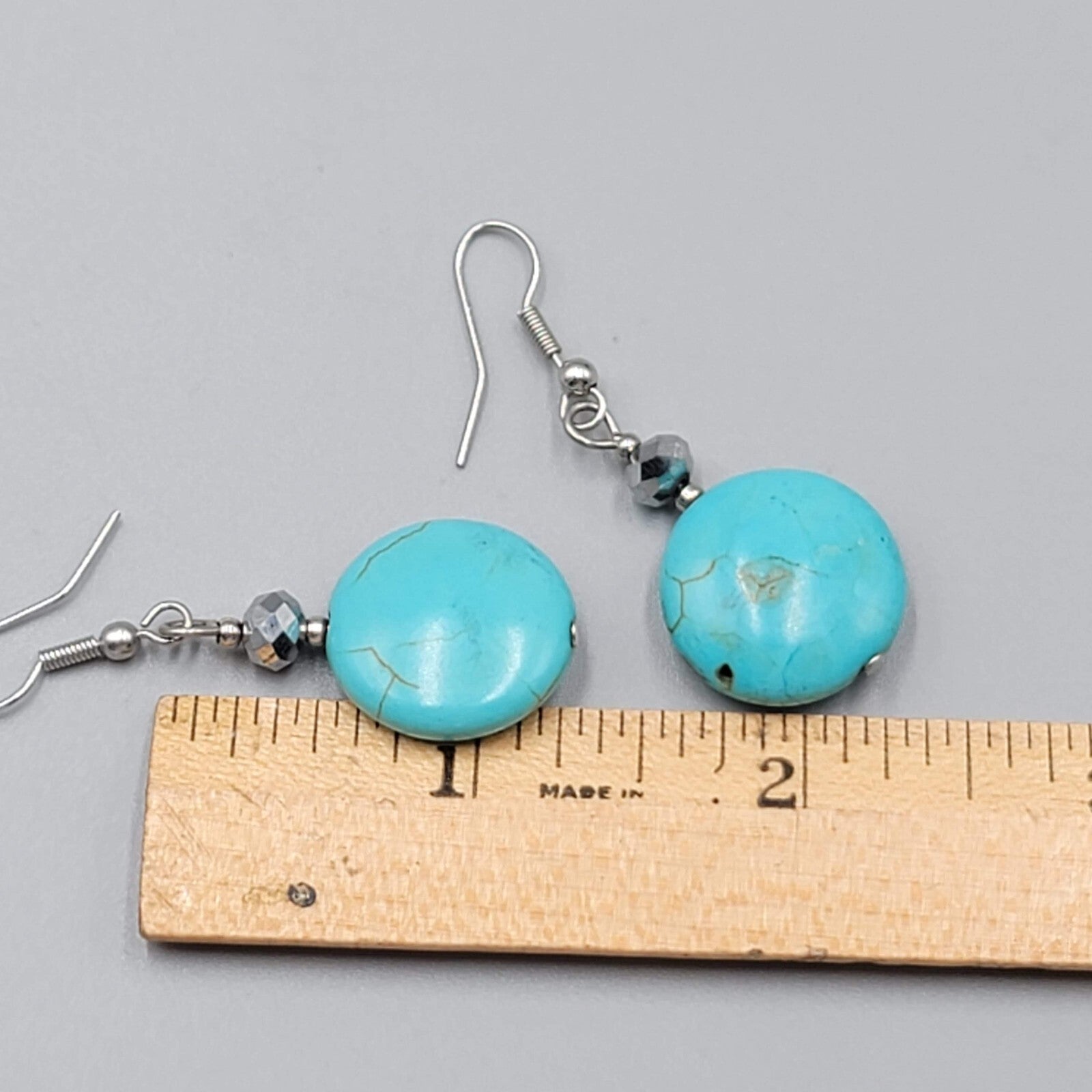 Blue Stone Bead Pierced Earrings Black Accent Silver tone Hook Dangle 1.25"