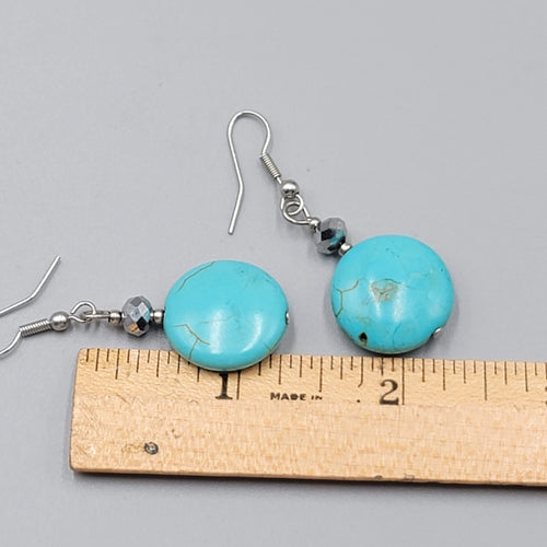 Blue Stone Bead Pierced Earrings Black Accent Silver tone Hook Dangle 1.25"