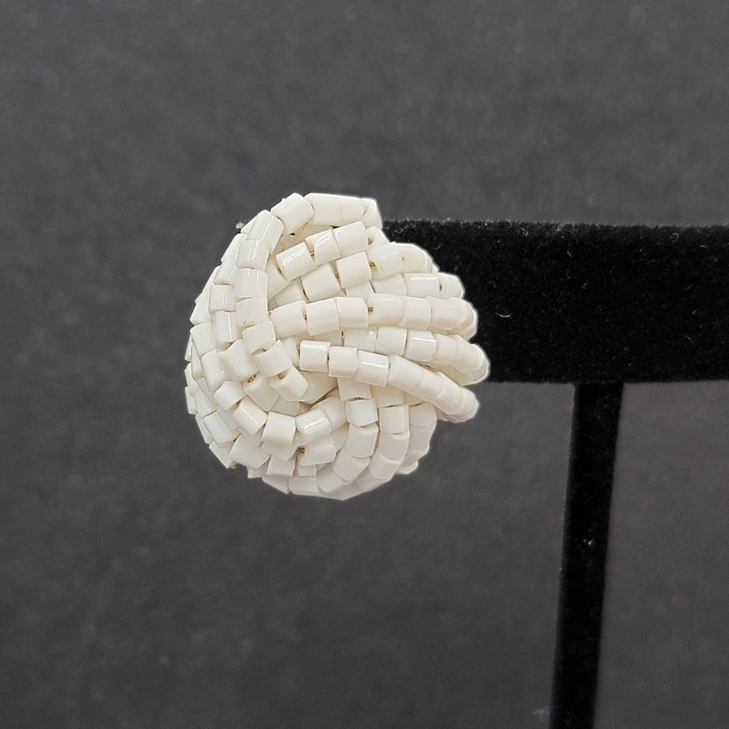 Vintage Pierced Earrings White Seed Beads Knot Estate Jewelry 1"