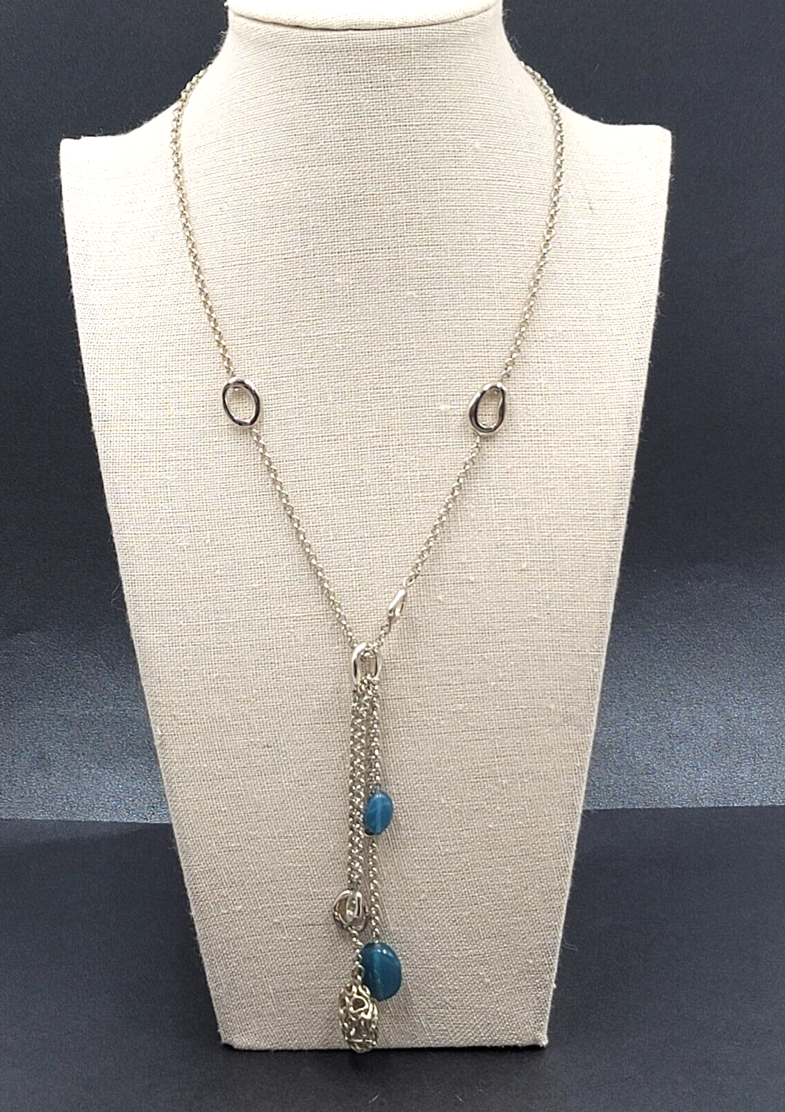 Y Necklace Hematite Silver tone Blue Bead Accent Multi Chain 18" + 5"