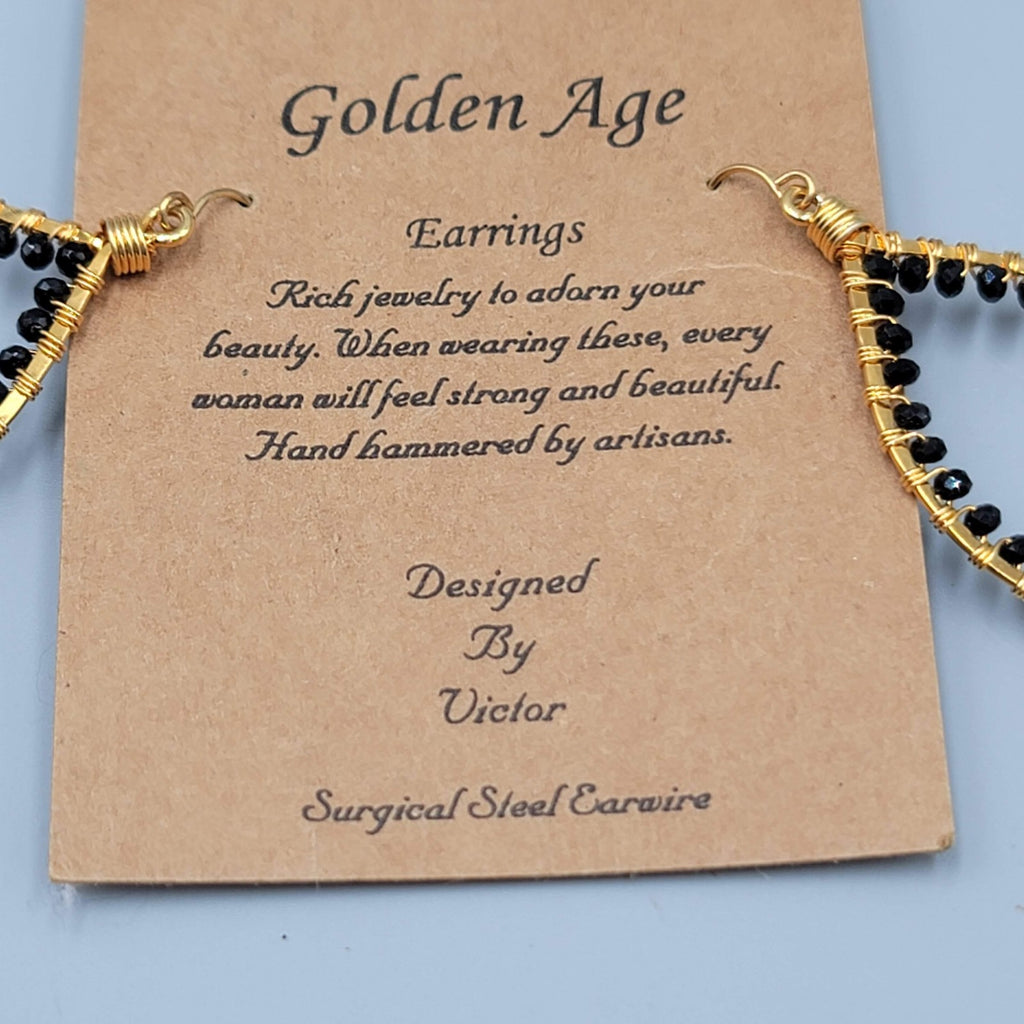 Golden Age Pierced Earrings Gold Wire Leaf Shape Black Bead Handmade Artisan