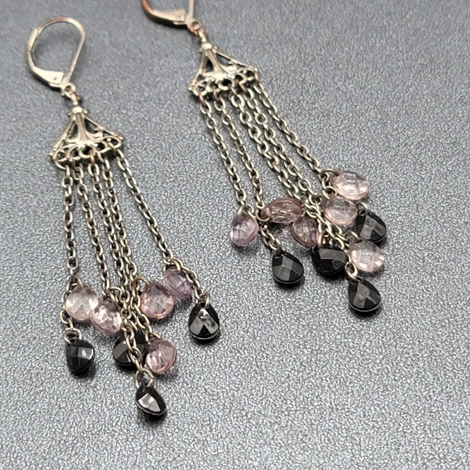 Pierced Earrings Gun Metal Gray Multi Chain Purple Black Beads 2 7/8"