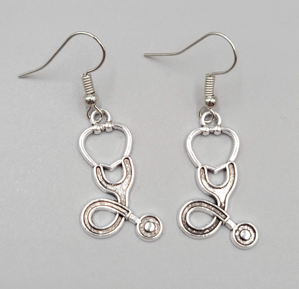Stethoscope Pierced Earrings Medical Nurse Doctor Dangle Silver tone 1 1/8"