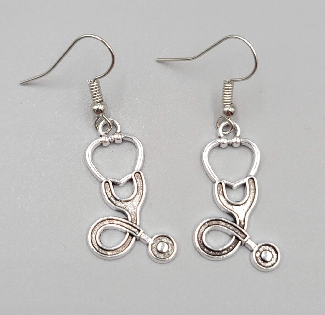 Stethoscope Pierced Earrings Medical Nurse Doctor Dangle Silver tone 1 1/8"