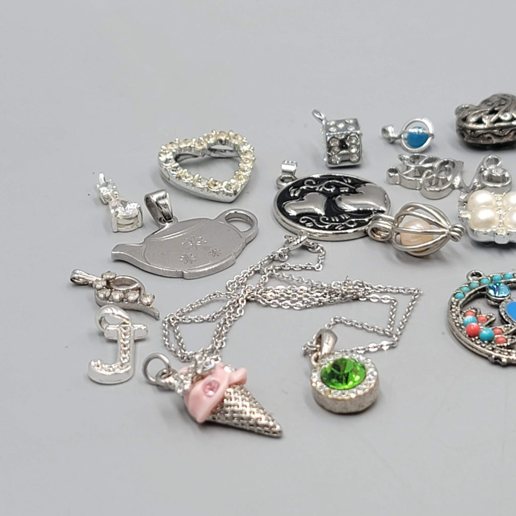 All Silver tone Pendant Lot of 16 Various Styles One Chain Included